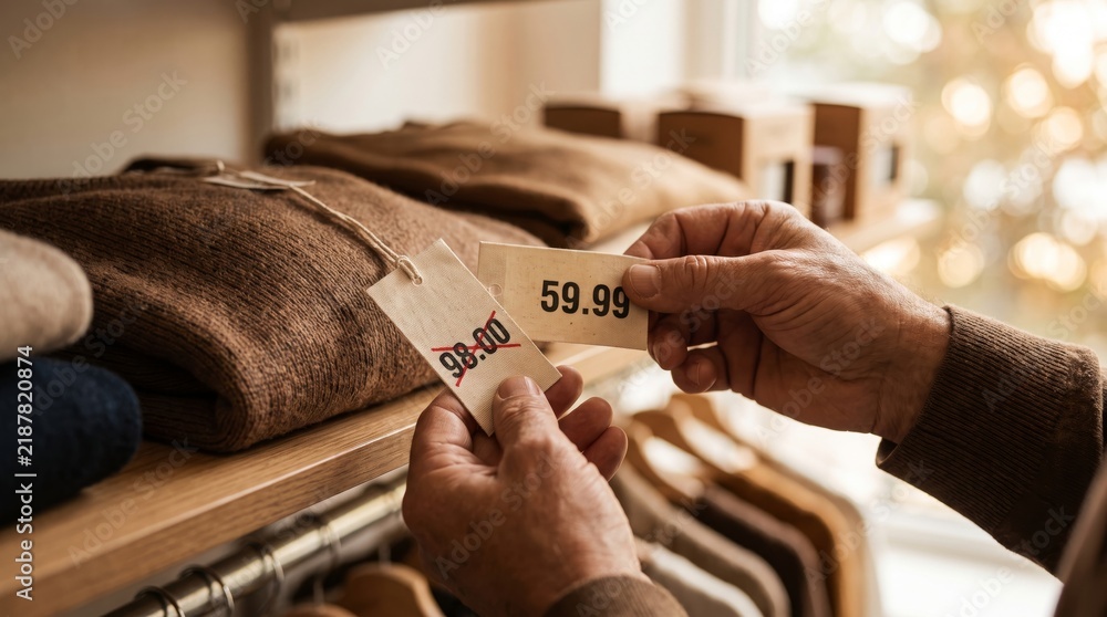 Fototapeta premium Hands holding discounted price tags on a brown wool sweater in a retail store setting.