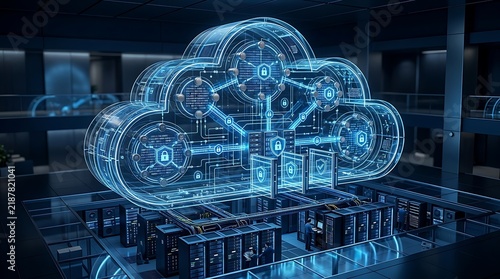Large glowing transparent 3D cloud icon containing padlock and node diagrams suspended above server racks in dark data center with glass floor and blue interior lighting overhead.