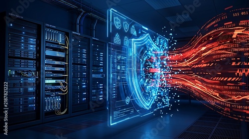 Glowing blue digital shield display mounted beside server racks intercepting orange data streams flowing into particles within dark server room setting with blue lighting accents.