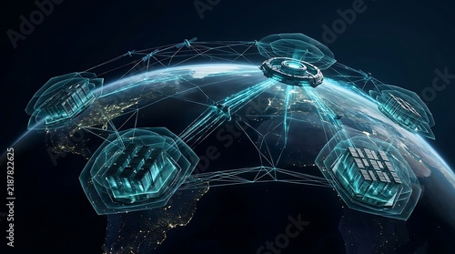 Glowing cyan network map floating over planet earth showing interconnected node panels containing server racks and cloud data icons against dark space background.