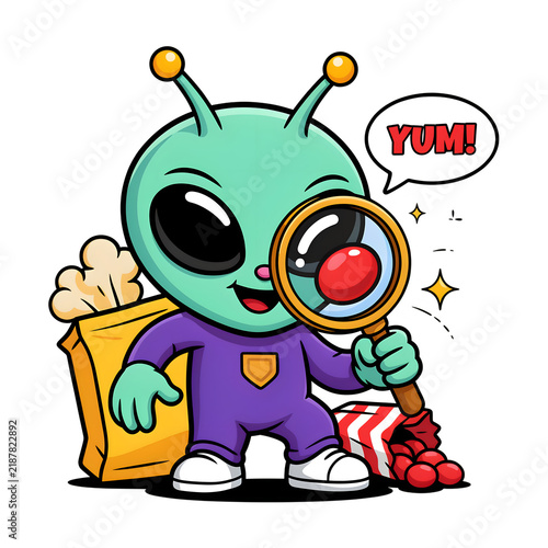 Playful alien mascot examining Earth snacks with a magnifying glass, oversized eyes, funny curiosity theme, vibrant colors, thick sticker outline, highly marketable character design