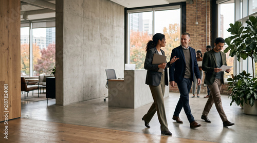 Professional Colleagues Walking Together Through Modern Office Hallway Discussing Work Strategy