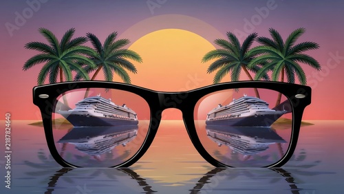 Relaxing Tropical Cruise Vacation Concept Reflected Through Sunglasses at Sunset