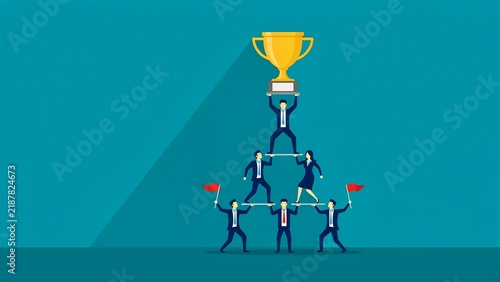 Business Professionals Building a Human Pyramid to Reach a Golden Trophy Symbolizing Corporate Achievement and Teamwork Success