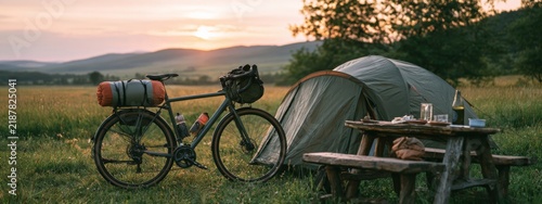 Camping Adventure with Bicycle at Sunset in Serene Landscape Under Clear Sky
