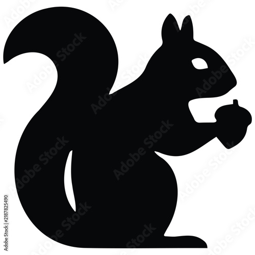 Squirrel holding acorn silhouette vector illustration of hungry animal in nature scenery.