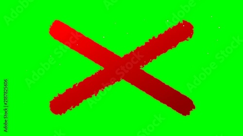 Big Red Cross Mark with Textured Edges Isolated on Chroma Key Green Screen Background for Rejection Wrong Answer and Error Concept