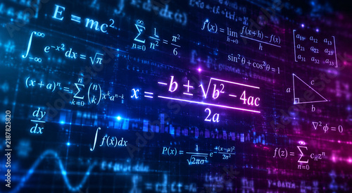 AI generated glowing mathematics formulas quadratic equations calculus geometry matrices scientific symbols futuristic digital technology background