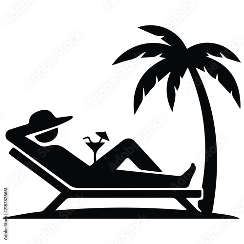 Relaxing person on lounge chair under palm tree holding a summer cocktail silhouette.