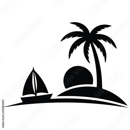 Tropical island silhouette with a palm tree, sun, and small sailboat on the calm ocean.