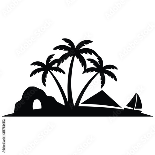 Tropical island silhouette with palm trees and sailboat for travel agency branding art.