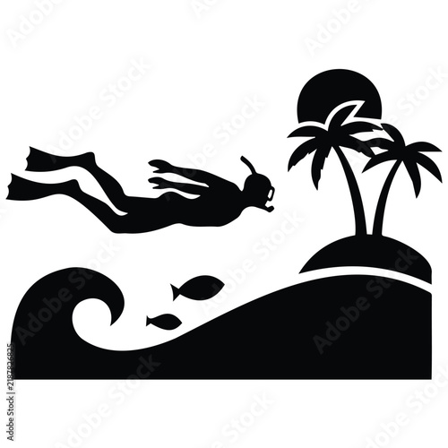 Tropical island with palm trees and diver swimming near beach for summer vacation concept.