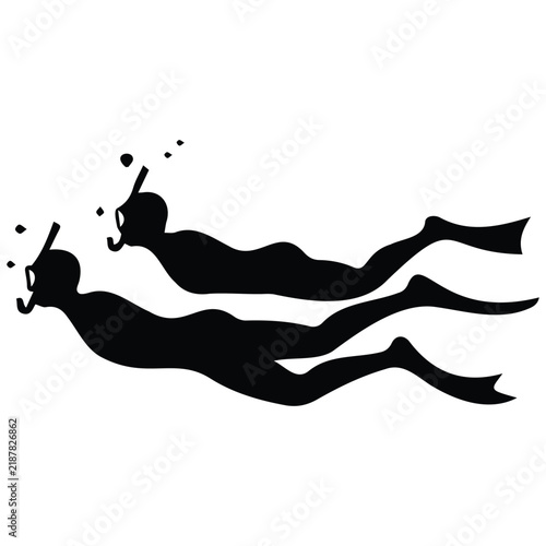 Two snorkelers swimming together in black silhouette isolated for underwater travel design.