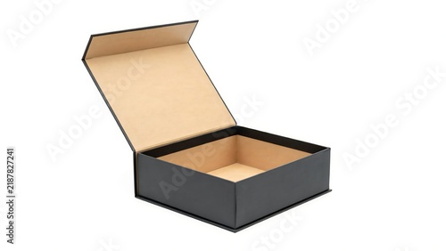 High Level Studio Photography of an Open Empty Luxury Matte Black Gift Box Isolated on a Clean White Background