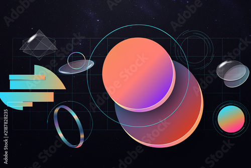 Futuristic 3D Floating Geometry Spheres Rings and Transparent Glass Panels Dark Scene