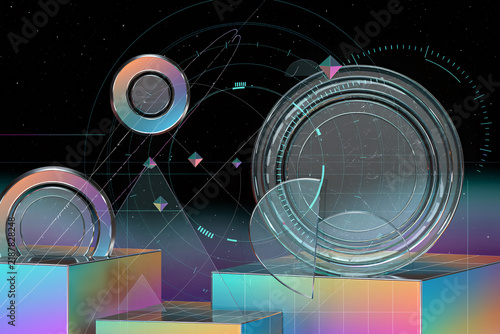 Futuristic Cyber City Portal Ring and Geometric Abstract Floating Light Elements Background