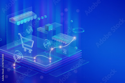 3D Digital City Grid Model with Floating Data Icons and Holographic Financial Graphs Blue Scene