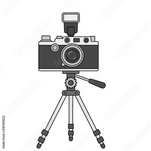 Vintage Camera on Tripod with Flash
