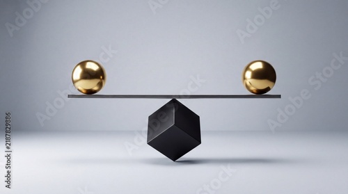 Foto Two golden spheres balancing on a metal bar supported by a black cube on gray wi
