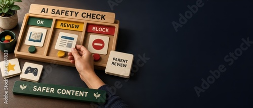 A professional inspecting physical content cards on a wooden board during an AI trust review, ensuring responsible AI oversight and safety validation