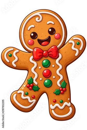 Cheerful Cartoon Gingerbread Man Cookie Character Decorated with Icing and Festive Holly Berries for Christmas Holiday Design