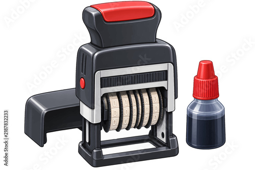 3D Illustration of a Self-Inking Rubber Stamp with an Ink Refill Bottle for Office and Business Documentation