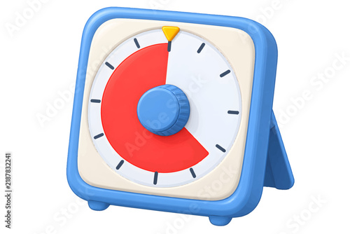 3D blue and white mechanical kitchen timer with a red countdown interval on white background