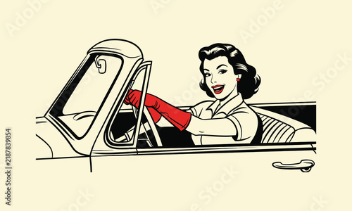 Vintage pop art woman driving a classic convertible car