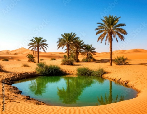 Desert oasis with palm trees surrounding a tranquil green pond amidst golden sand dunes under a clear blue sky in a remote arid landscape
