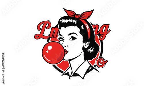 Vintage pinup woman blowing red bubble gum bubble