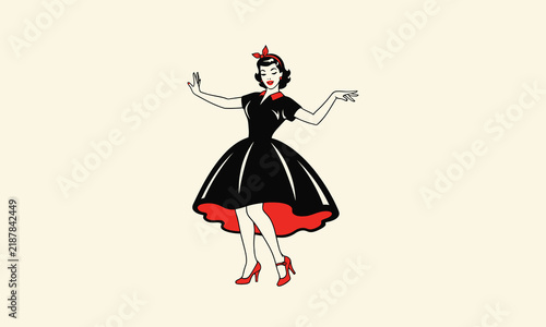 Retro 1950s style woman in black and red dress dancing