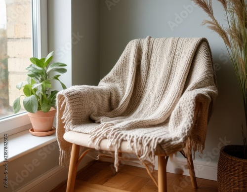 Cozy armchair with knitted beige throw blanket draped over it, positioned near a window with a potted plant on a wooden floor in a modern interior setting
