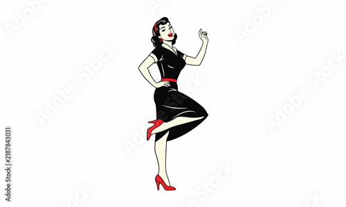 Retro pinup woman dancing in black dress and red heels