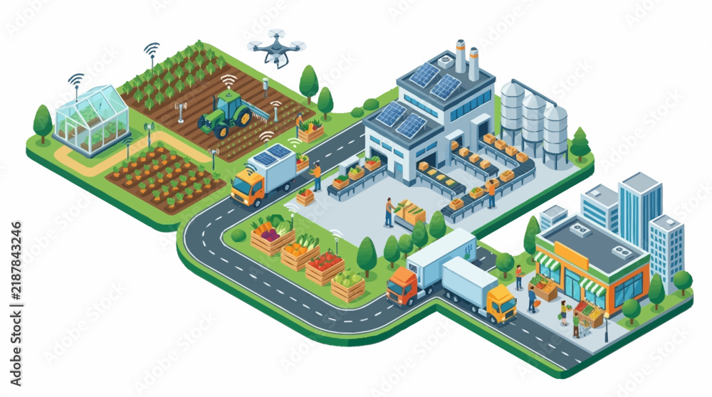 Fototapeta premium Isometric Illustration of Smart Farming Supply Chain and Logistics Process.