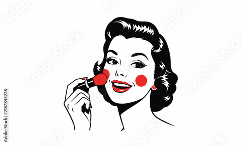 Retro woman applying blush with a makeup brush vector illustration