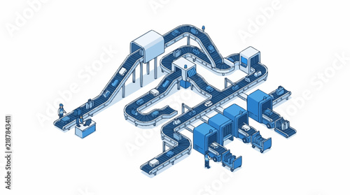 Isometric illustration of an automated conveyor belt system in a modern factory.