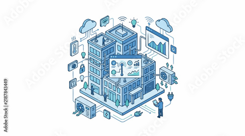 Isometric illustration of smart building management and technology systems.