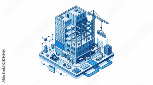 Isometric illustration of a modern building construction site with a crane.