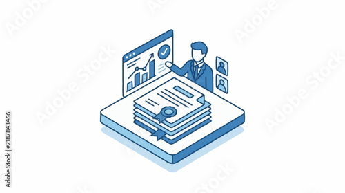 Isometric business professional presenting certification and financial data reports.