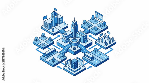Isometric Smart City Network Infographic with Connected Infrastructure Nodes.