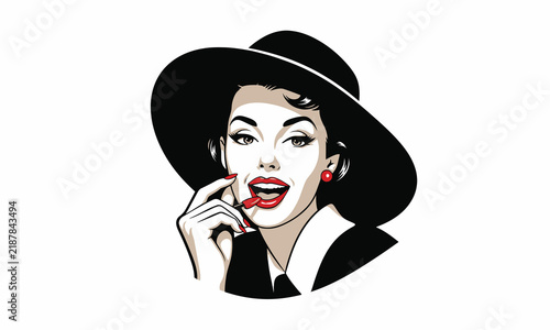 Vintage pop art woman in hat applying red lipstick