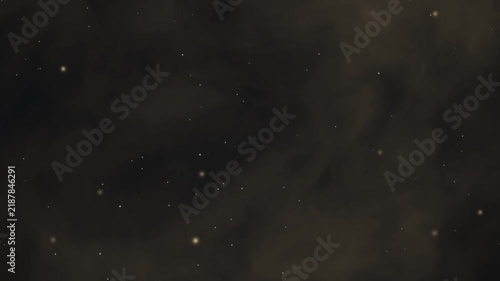 Golden sparks drift through a dark, smoky sky as faint haze swirls gently