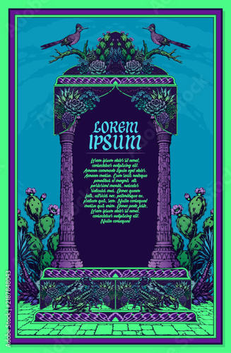 Cyberpunk Neon Roadrunner Egyptian Desert Floral Frame Template