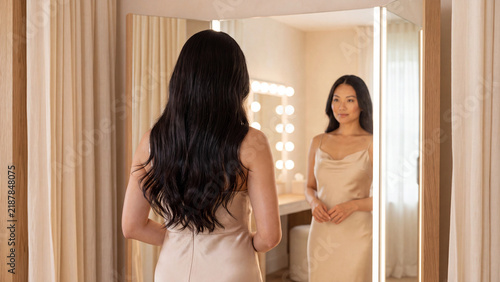 Woman with long dark hair stands in front of a large mirror wearing a beige dress inside a brightly lit dressing room.
