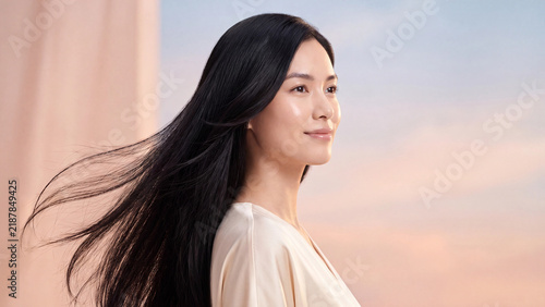 Asian female model with long straight black hair smiles gently while standing against a soft pastel background with her dark locks blowing softly in the breeze.