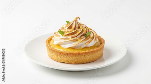 Lemon meringue tart with toasted peaks on a white plate pastry tart sweet dessert lemon curd baked pastry meringue delicious isolated background handcrafted catering celebration delicacy