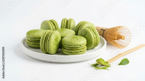 Green matcha macarons stacked on a white plate with a bamboo whisk and powder green tea french pastry almond cookies cream filling flat lay white background macarons traditional japanese