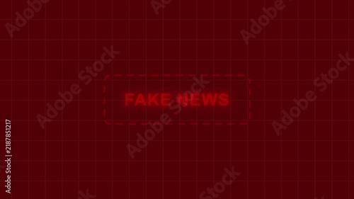 Digital fake news warning sign with pulsing red neon typography and grid background, overlay, representing misinformation, media manipulation, cyber, propaganda, and online, disinformation campaigns