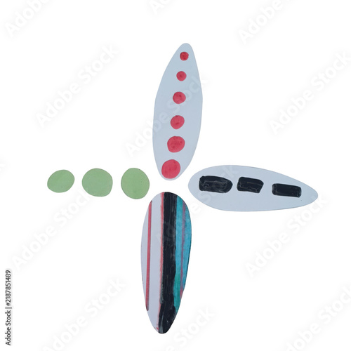 An abstract cross-shaped arrangement of four unique oval paper cutouts featuring dots, rectangles, and striped patterns on a white background surface isolated on a transparent background
