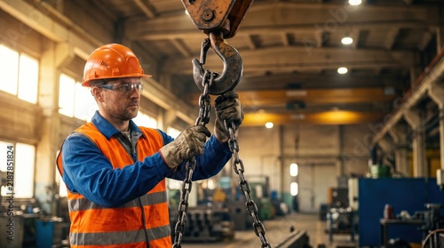 Industrial Worker Operating Crane Hook in Factory Setting with Safety Gear and Equipment for Manufacturing Process